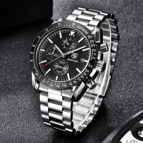 BENYAR Mens Watch Business Full Steel Quartz Watch Men Top Brand Luxury Casual Waterproof Mens Chronograph Male Sports Watches