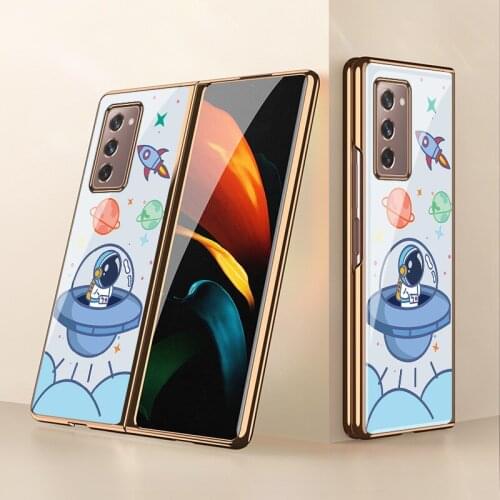 Z Fold2 Funda Case for Samsung Galaxy Z Fold 2 W21 Z Flip Cartoon Astronaut Space Ship Tempered Glass Coque Phone Case Cover
