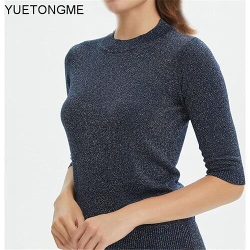 Elegant O neck shining Knitted Sweater Women Solid Basic Pullover autumn 2021 Spring Fashion Clothing Top TSP209