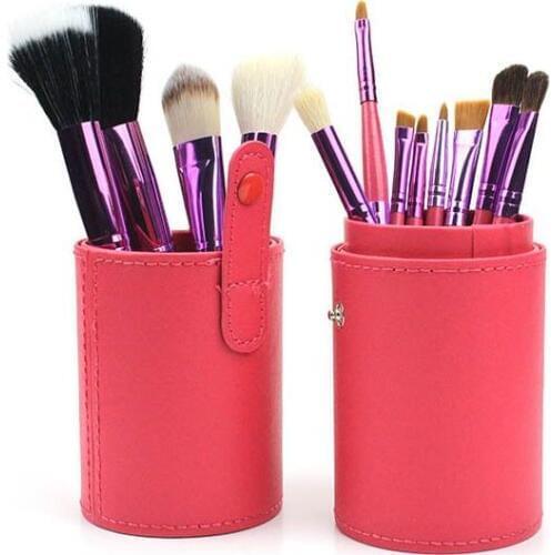 Goody quality goat pony nylon hair lip brush make up brush set 12pcs cosmetic brushes kits in pink PU barrel