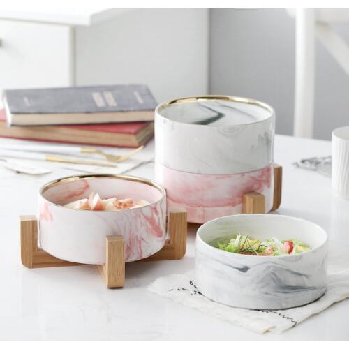 Nordic Marble Ceramic Bowl with Bamboo Rack Holder Stackable Large Salad Fruit Dessert Bowl Cat Pets Bowl Dinnerware 850ml