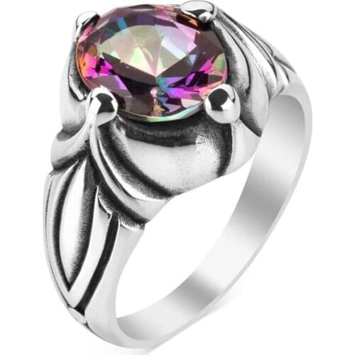 Mystic Topaz Stone Ring, Solid 925 Sterling Silver Ring, Designer Oval Men Ring New Authentic Sterling Silver Antique Turkish