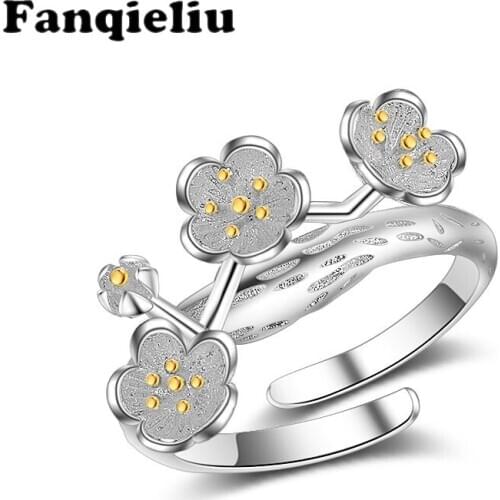 Fanqieliu Sterling Silver 925 Open Ring Female Retro Jewelry 4pcs Flower Festival Gift Free Size Adjustable Ring Women FQL20111