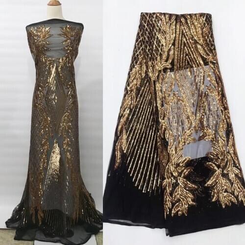 5yards/pc) High quality black gold African sequins French net lace fabric with embroidery for gorgeous party dress FJL010