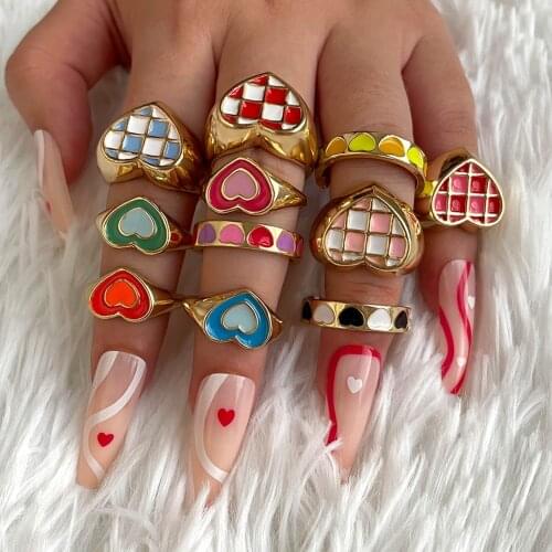 Fashion Double Layer Enamel Drip Glaze Love Heart Rings For Women Gold Color Metal Geometry Heart Chunky Rings 2021 New Jewelry