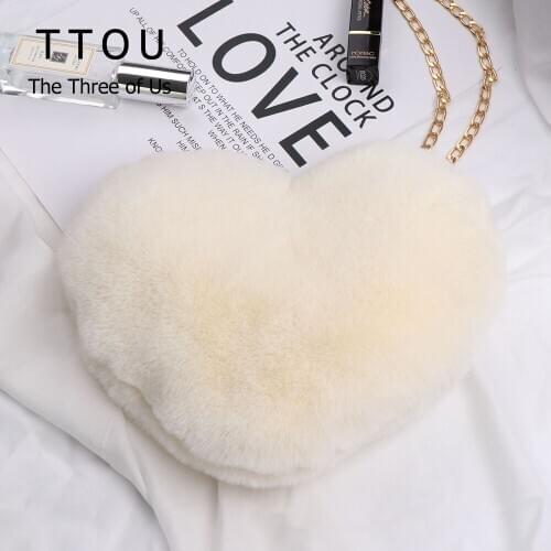 2020 New Heart Shaped Faux Fur Crossbody Wallet Purse Chain Shoulder Bag Lady HandbagHigh Street Shoulder Bags With Chains