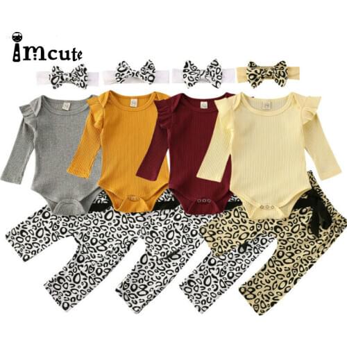 Newborn Infant Baby Girls Clothes Leopard Pattern Long Sleeve Bodysuit+ Pants + Bow Headband Toddler 3Pcs Outfits Clothing Set
