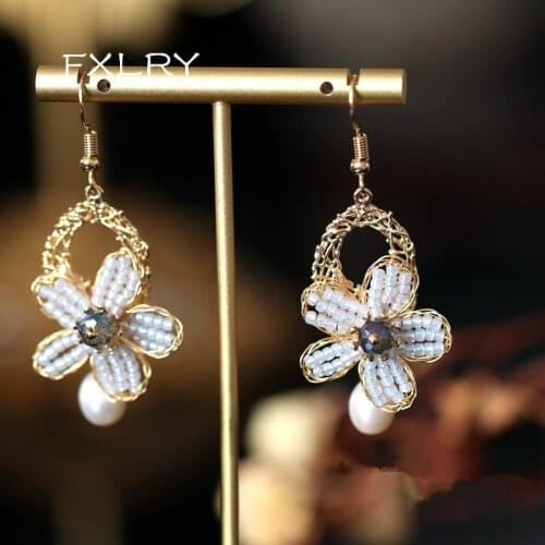 FXLRY Original Handmade Natural Freshwater Pearl Woven Exaggerated Flower Earrings For Women Jewelry
