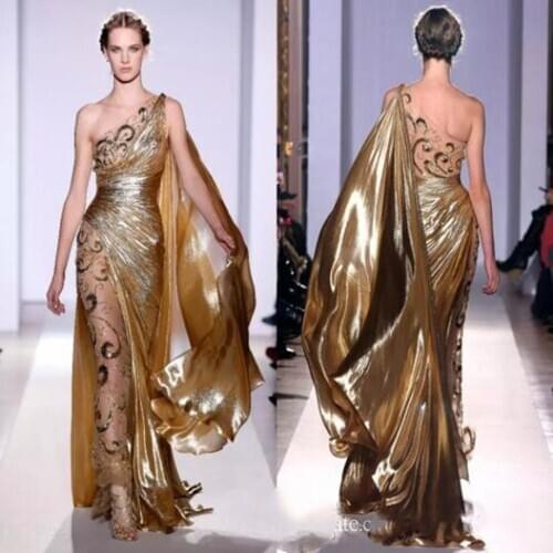 Couture Appliques Gold Evening Dresses Long Mermaid One Shoulder with Appliques Sheer Vintage Pageant Prom Gowns