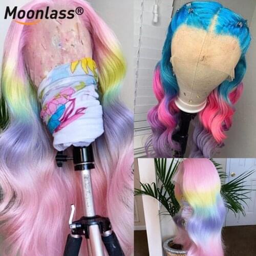 Rainbow Ombre Lace Front Human Hair Wigs Brazilian Body Wave Wigs Remy Hair Pink Yellow Blue Colored Highlight Human Hair Wigs