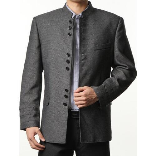 Single breasted slim fit blazer men chinese tunic suit jacket male new design suits man 1 fashion blazers grey stand collar