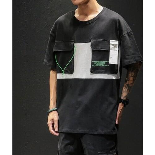 Casual Streetwear Fashion Tops Men Short Sleeve Soft Breathable t Shirts Mens Summer Patchwork Pockets t Shirt Cotton