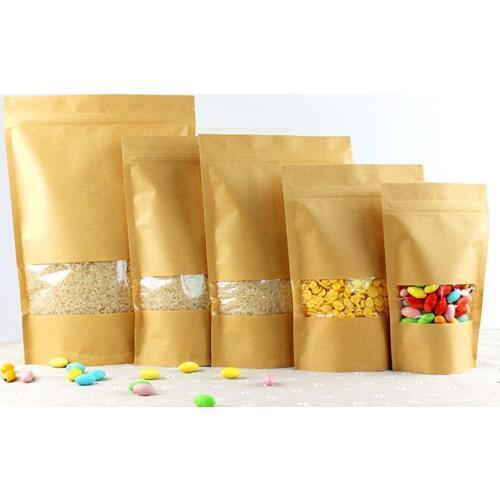 16*22+4cm 50pcs Stand Up Clear Window Brown kraft paper bags with Zipper lock for Food/Tea/Nut/Coffee Resealable Packaging Bag