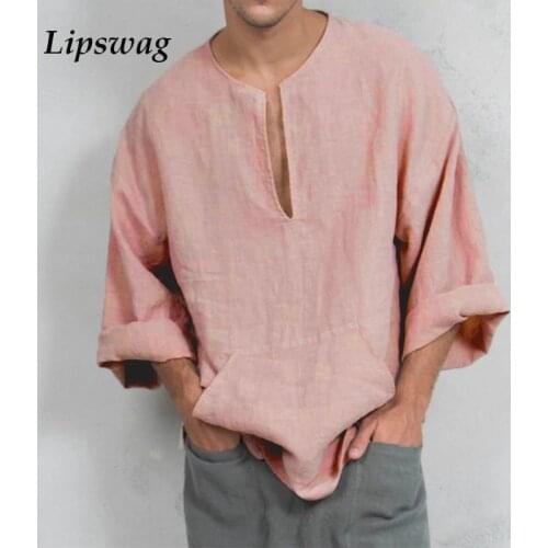 Vintage Loose V-Neck Cotton Linen Shirts For Men Casual Long Sleeve Solid Tops 2021 Spring Summer Mens Fashion Pocket Shirt 4XL