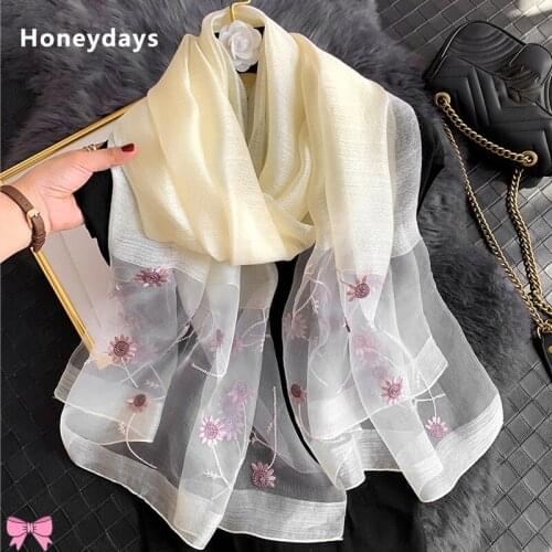 Luxury Brand Embroidery 100% Silk Scarf Women Temperament Decorative Silk Scarfs Artistic Neckerchief Warm Shawl High-end Gifts