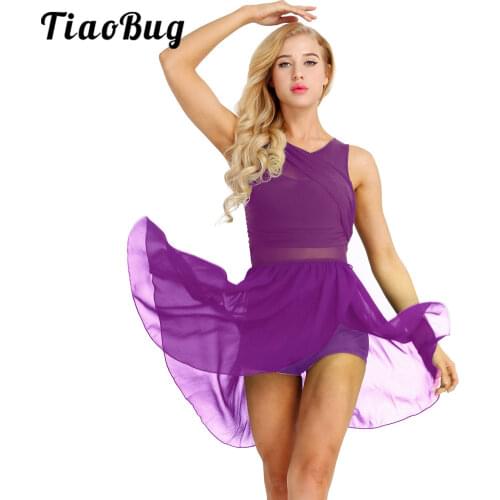 TiaoBug Women Dance Costume Sleeveless Cutout Back Asymmetrical Chiffon Ballroom Ballet Gymnastics Leotard Figure Skating Dress
