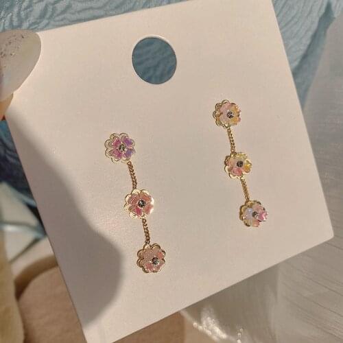 Super fairy small fresh laser light flower long tassel earrings girl round face show face thin earrings female earrings