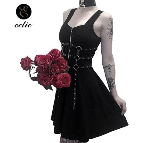 Dark Fashion Gothic Style Dress Women Sleeveless Straps Sukienka Rivet Dress Studs Zipper Front Hipster Deep Plunge Dress Rings