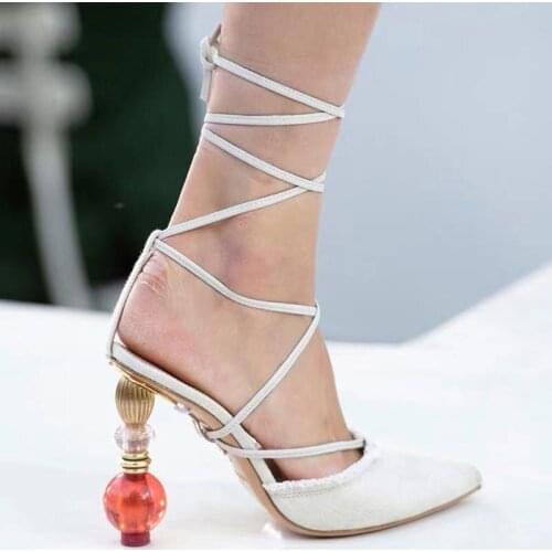 202 Summer Catwalk High-heeled Pumps Baotou Lantern Strange Style Heels Ankle Strap Fashion Sandals Pointed Toe Womens Shoes