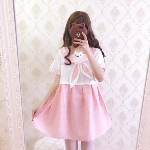 Japanese pink sweet lolita dress navy collar color matching loose victorian dress kawaii girl gothic lolita op loli cosplay