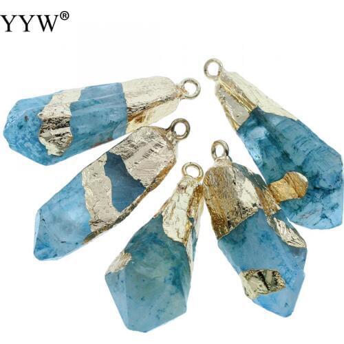 YYW 5PCS Gold Filled Ice Quartz Agates Pendant For Necklace Jewelry 14x53mm Blue Rose Color Natural Crystal Stone Druzy Pendant