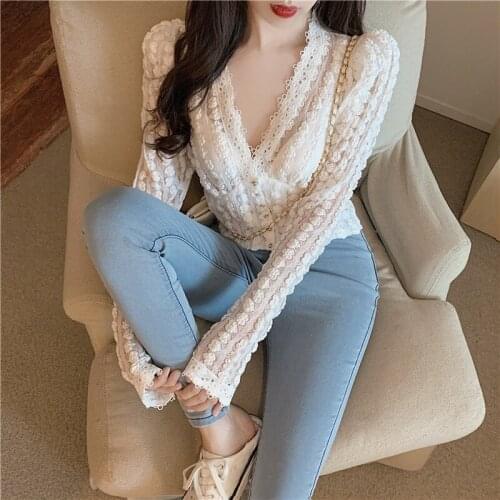 Herstory 2021 Autumn Korean Style Short White Lace Shirt Women V-neck Long Sleeve Cardigan Vintage Female Blouses Elegant Blusas
