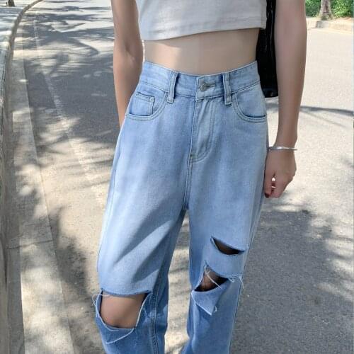 WWENN Woman Jeans Ripped High Waist Gradient Ripped Blue Jean Wide Leg Denim Streetwear Vintage Fashion Harajuku Straight Pants