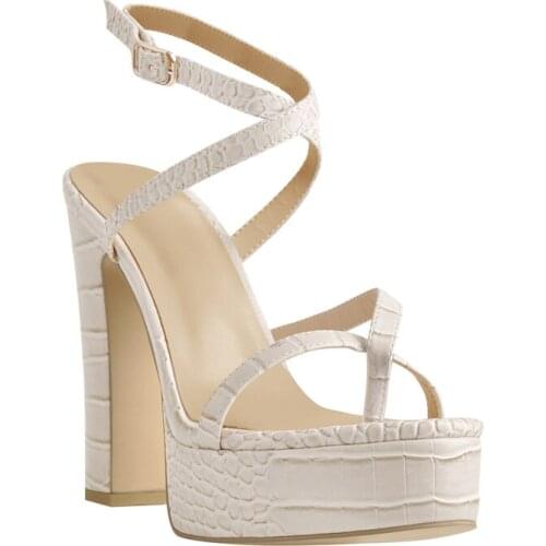 Richealnana Elegant Summer Platform Sandals Women Chunky High Heels Shoes Flip Flops Ankle Buckle Crocodile Print Cross Strap