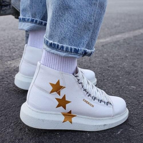 Chekich Womens Boots White Color Golden Stars Pattern Non Leather Big Sizes Lace Up Fall Winter Seasons Ankle Unisex Shoes Men Comfortable Casual Sneakers Warm Snow Sewing Sole Pole Band Heel Fabric CH263 Women V7