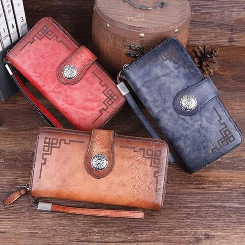 Womens Autumn And Winter New Retro Style Leather Wallet Clutch Bag Fashion Casual All-Match First Layer Cowhide Hand Rub Color
