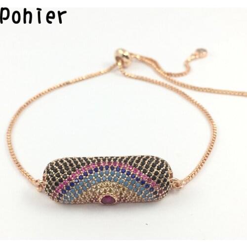 Rose Gold Color 31*11mm Mico Pave Turkey Evil Eye Hamsa Fatima Hand Charms for Women Adjustable Bracelets CZ jewelry