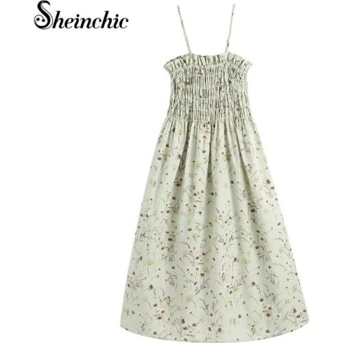 Sexy Elegant Green Floral Printed Spaghetti Strap Midi Dresses for Women 2021 Summer Casual Draped Mid-calf Dress