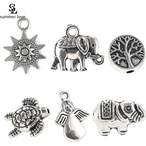 10PCS Vintage Antique Silver Color Alloy Charms Connector Elephant Tree Heart Pendant Diy Jewelry Findings Bracelets Accessories