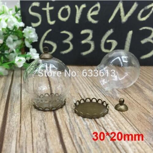 Free ship! 100sets/lot bronze color 30*20mm glass globe & lace base & 8mm cap set glass globe set glass vial pendant glass cover
