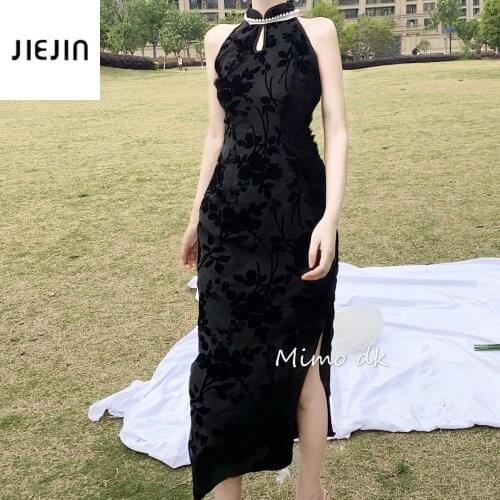 Black Goth Pearl Dress Woman Cheongsam Chinese Style Skinny Satin Streetwear Sexy Vintage Harajuku Summer Women Clothing Slim