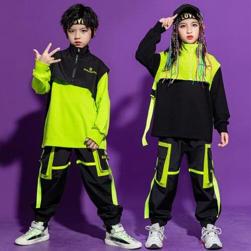 Kids Hip Hop Clothing Green Sweatshirt Top Streetwear Cargo Pants Sleeveless Vest For Girls Boys Jazz Dance Costume XS2432