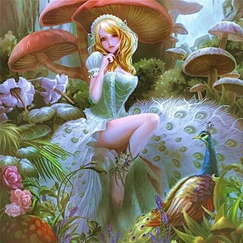 Fille et paon Rhinestonesdiamond peinture point de croix complet Champignons et fleurs diamant broderie en plastique artisanat