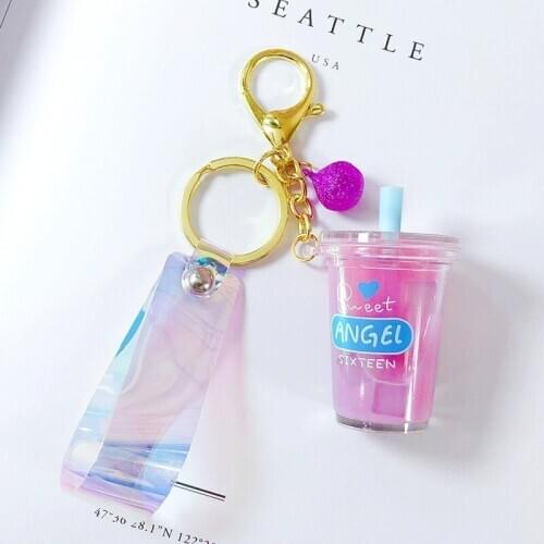 Creative Cartoon Acrylic Milk Tea Cup Keychain 4 Color Quicksand Car Metal Key Rings Cute Bag Pendant Accessories Gift Wholesale