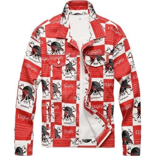 Sokotoo Mens skull letters printed jean jacket Fashion slim long sleeve red denim coat Outerwear