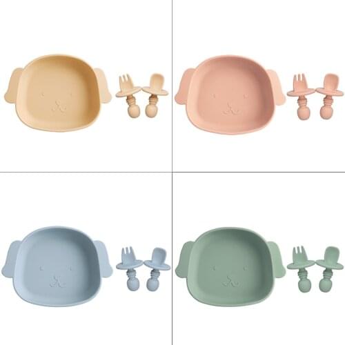 Fashionable Solid Silicone Dishes For Kids Training Feeding Dining Appliance Baby Learning Plate Set With Fork Spoon Baby Stuff