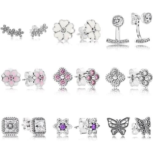 NEW 100% 925 Sterling Silver Timeless Elegance Original Earrings With Clear CZ Forget Me Not Stud Earrings Fit DIY Making