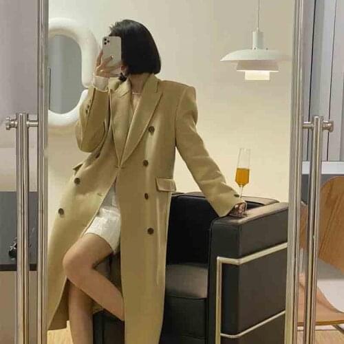 2021 Autumn Winter New Style Korean Casual Simple Woolen Coat High-end Womens Pure Color Loose Long Overcoat Jacket e281