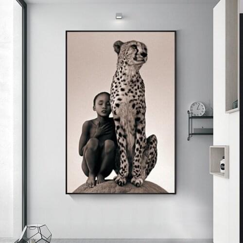 Child With Cheetah Canvas Paintings Wall Art Posters And Prints Nature Animals Wall Canvas Pictures For Living Room Cuadros