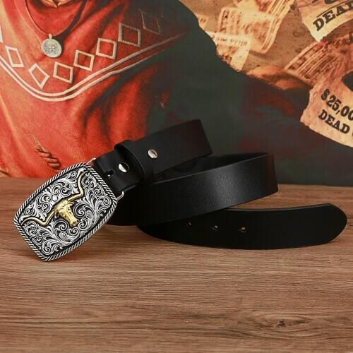 Western cowboy zinc alloy retro flower belt bull head belt buckle leather mens belt birthday gift