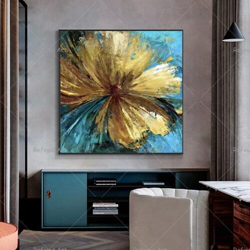 Hand-Painted Abstract Canvas Oil Painting Restaurant Home Wall Decorative Artwork Modern Minimalist Golden Flowers Mural