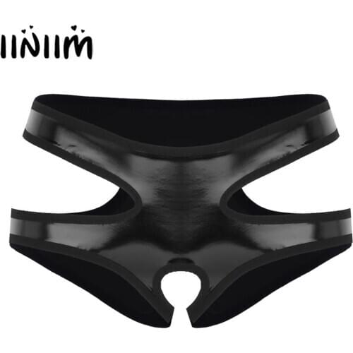 Sexy Ladies Underwear Women Lingerie Wetlook Faux Leather Open Crotchless Hollow Out Mini Briefs Underwear Underpants Panties