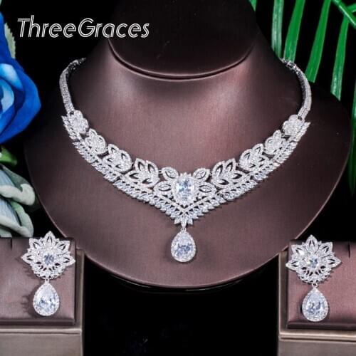 ThreeGraces Luxury Silver Color Cubic Zircon Big Water Drop Earrings and Necklace Wedding Costume Jewelry Sets for Women JS091