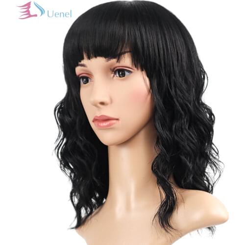 UENEL Medium Black Curly Synthetic Wigs With Bangs For Women Cosplay Heat-resistant 16Inch HighTemperature Fiber Free Shipping