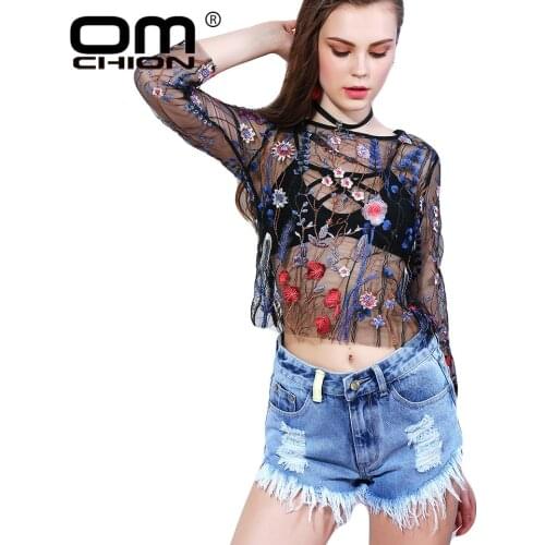 Urifens 2021 Fashion Embroidery Shirts Women Blue Floral Lace Blouse Nine Quarter Sleeve Sexy Perspective Casual Mesh Tops SC34U