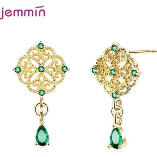 Vintage Chinese Style Gold Color 925 Sterling Silver CZ Zircon Love Dangle Earrings Fashion Temperament Green Stone Jewelry